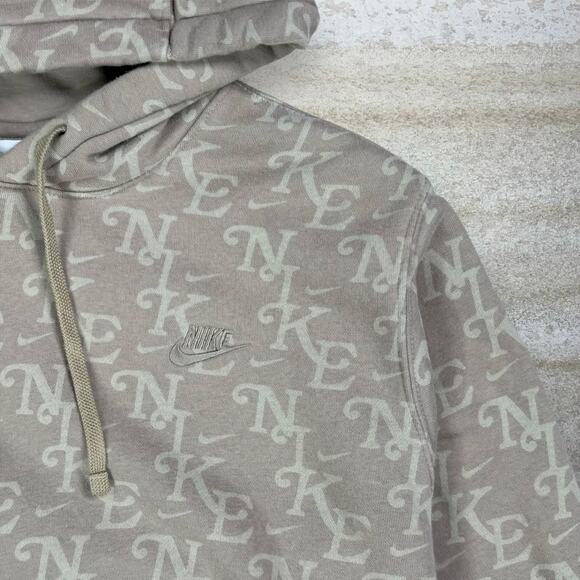 Vintage Y2K Nike Hoodie Mens L Light Brown All Over Print Swoosh Cotton Pullover - Picture 3 of 4